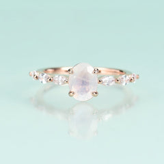 Oval Natural Moonstone and Marquise Zircon Silver Ring