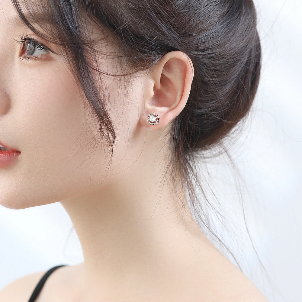 Round Zircon Bamboo Circle Silver Studs Earrings for Women