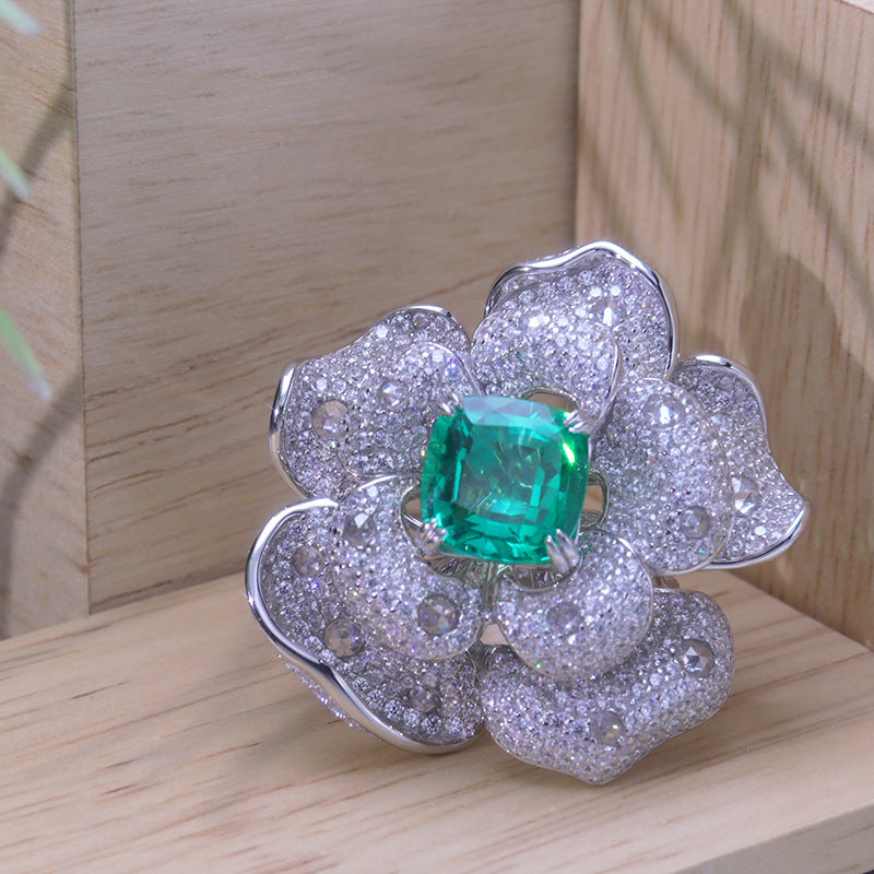 Square Lab Created Emerald Luxury Flower Ring