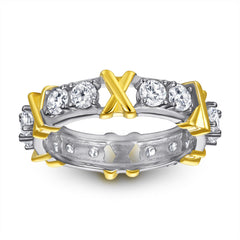 Golden X with Beading Round Zircon Silver Ring for Women