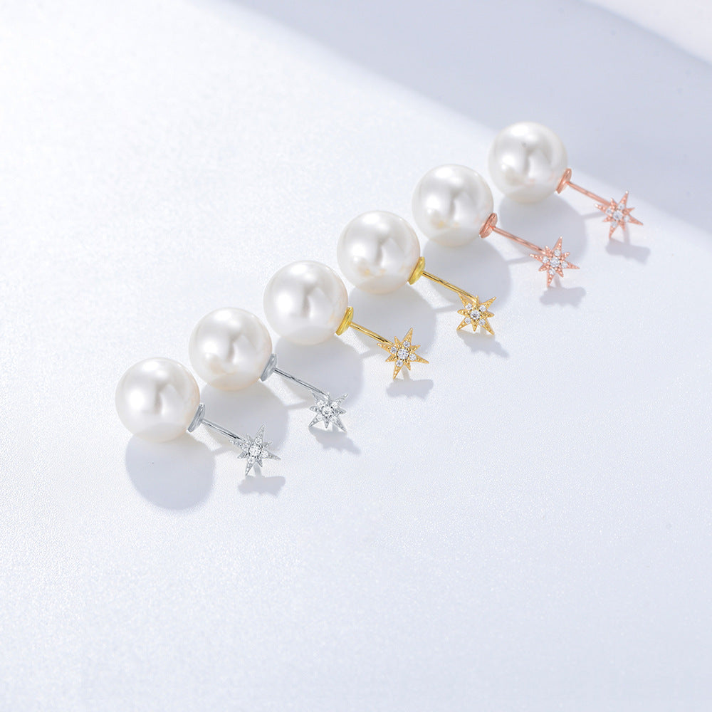 Ball Pearl with Star Zircon Silver Drop Earrings for Women