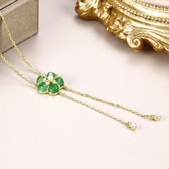 Green Opal Stone Flower with Zircon Tassel Silver Necklace for Women