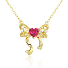 Heart Red Corundum with Zircon Hollow Bow Silver Necklace for Women