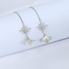 Pearl Planet with Zircon Octagonal Star Ear Line Silver Drop Earrings for Women