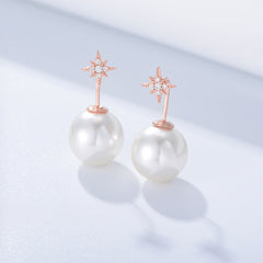 Ball Pearl with Star Zircon Silver Drop Earrings for Women