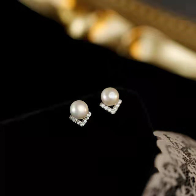 V Shape with Pearl Silver Studs Earrings for Women