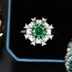 Round Cut Green Zircon Sun Halo Silver Ring