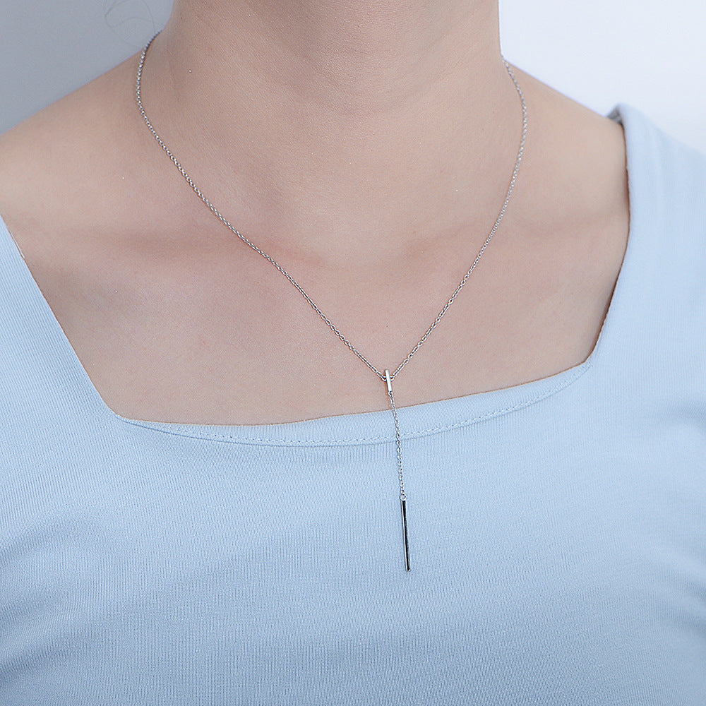 Simple Rectangle Stripe Pendant Tassel Silver Necklace