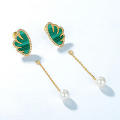 Angel Wing Malachite Tassel Round Pearl Combination Sterling Silver Drop Earrings