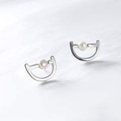 Letter D with Freshwater Pearl Silver Stud Earrings for Women