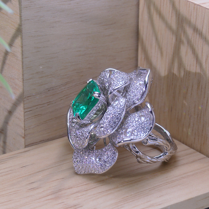 Square Lab Created Emerald Luxury Flower Ring