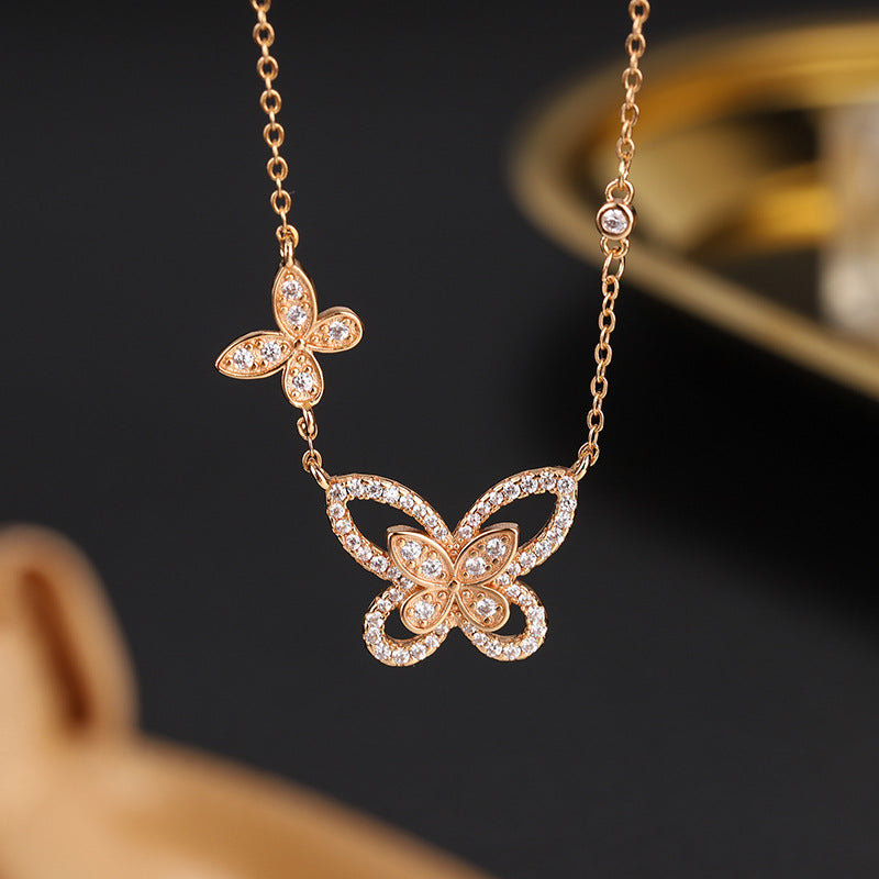 Hollow Double Butterfly with Zircon Silver Necklace for Women