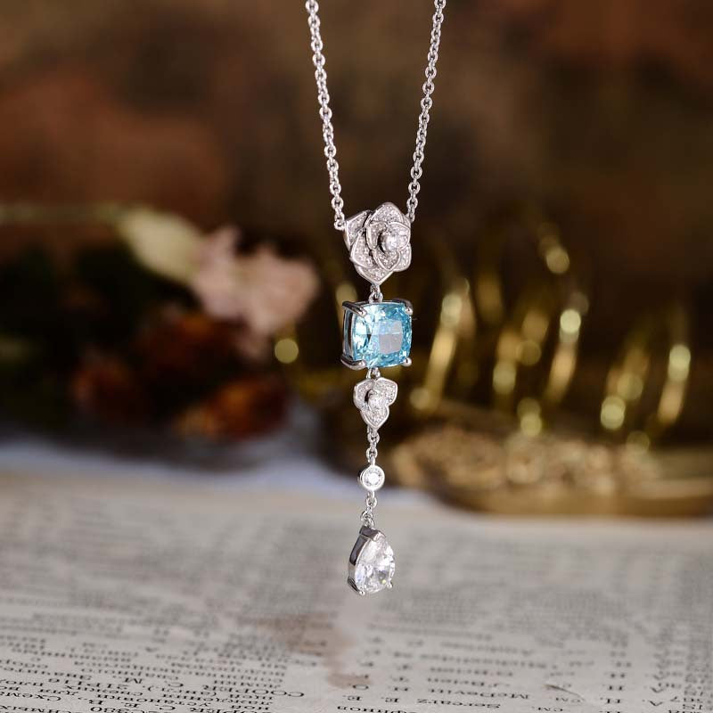 Square Blue Zircon Camellia Tassel Necklace