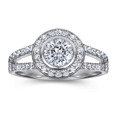 Round Zircon Soleste Halo Modern Split Shank Silver Ring