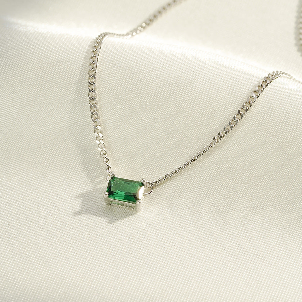 (Two Colours) Emerald Colour Zircon Little Rectangle Pendants 925 Silver Collarbone Necklace for Women