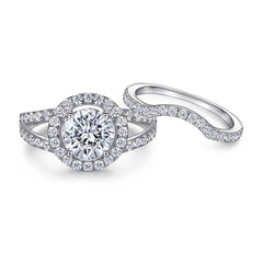 Round Zircon Soleste Halo Split Shank Silver Ring Set