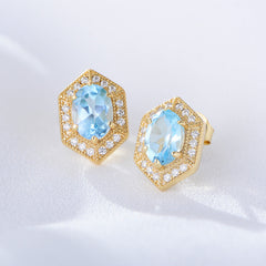 Retro Natural Blue Topaz Soleste Halo Silver Studs Earrings for Women