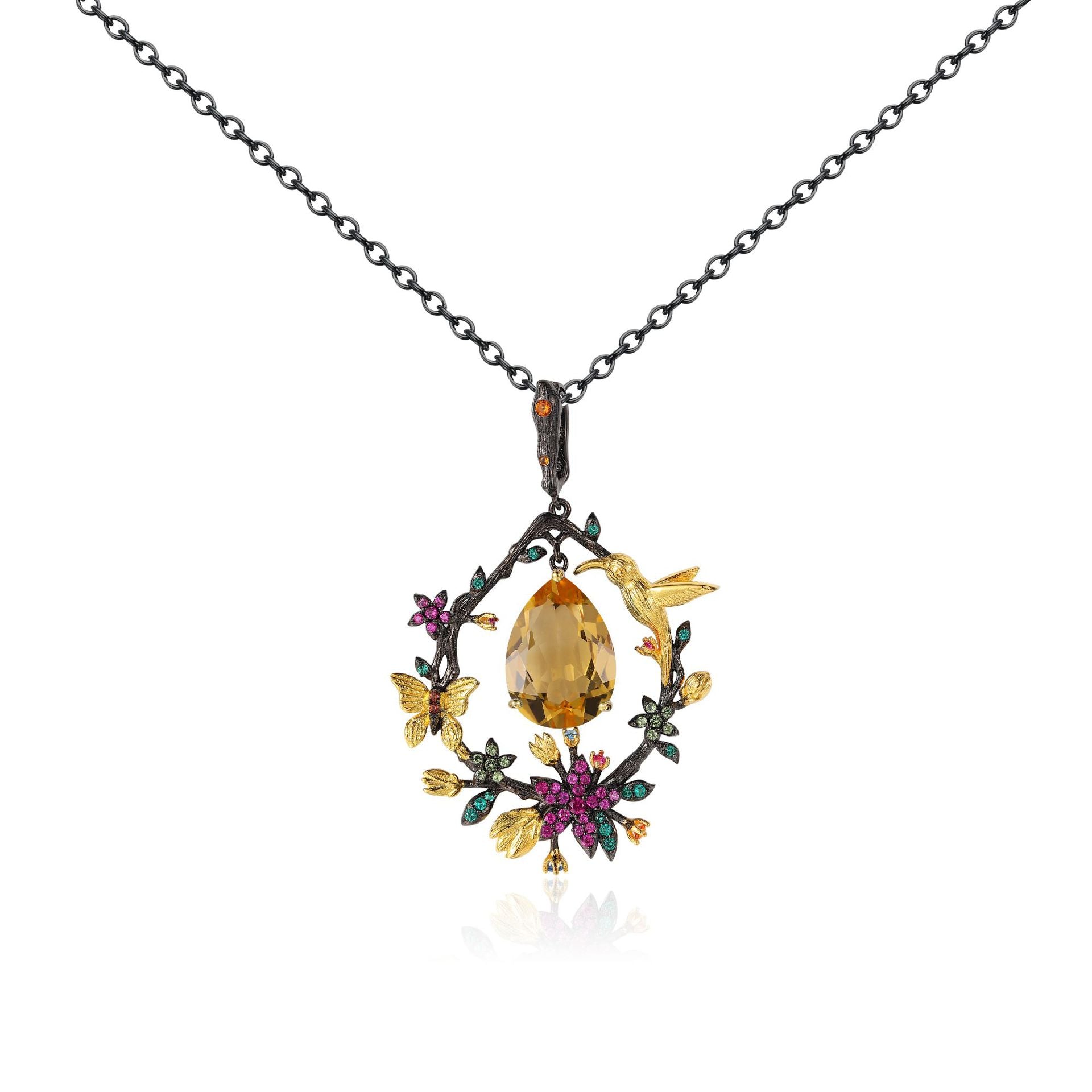 Natural Colorful Gemstone Spring on The Branch with Bird Pendant Silver Necklace for Women