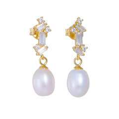 Retro Freshwater Pearl Rectangle Zircon Sterling Silver Drop Earrings