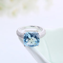 Cathedral Cushion Cut Natural Blue Topaz Silver Ring