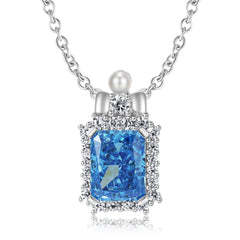 Soleste Halo Rectangle Blue Zircon Pendant Silver Necklace