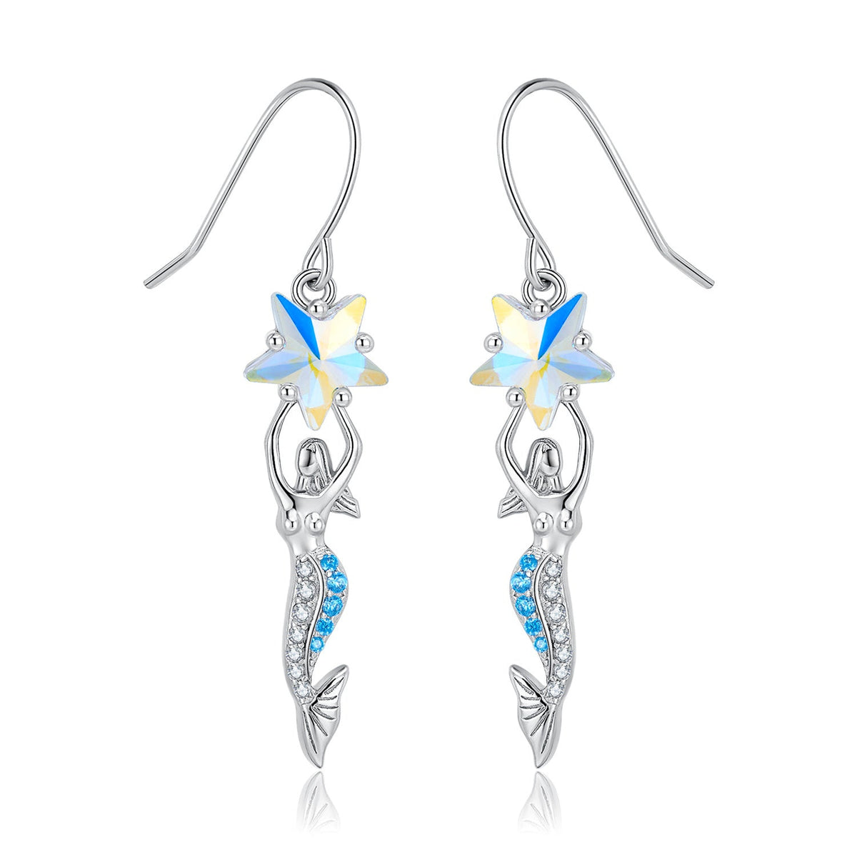 Pentagram Zircon Mermaid Pendant Silver Hook Earrings