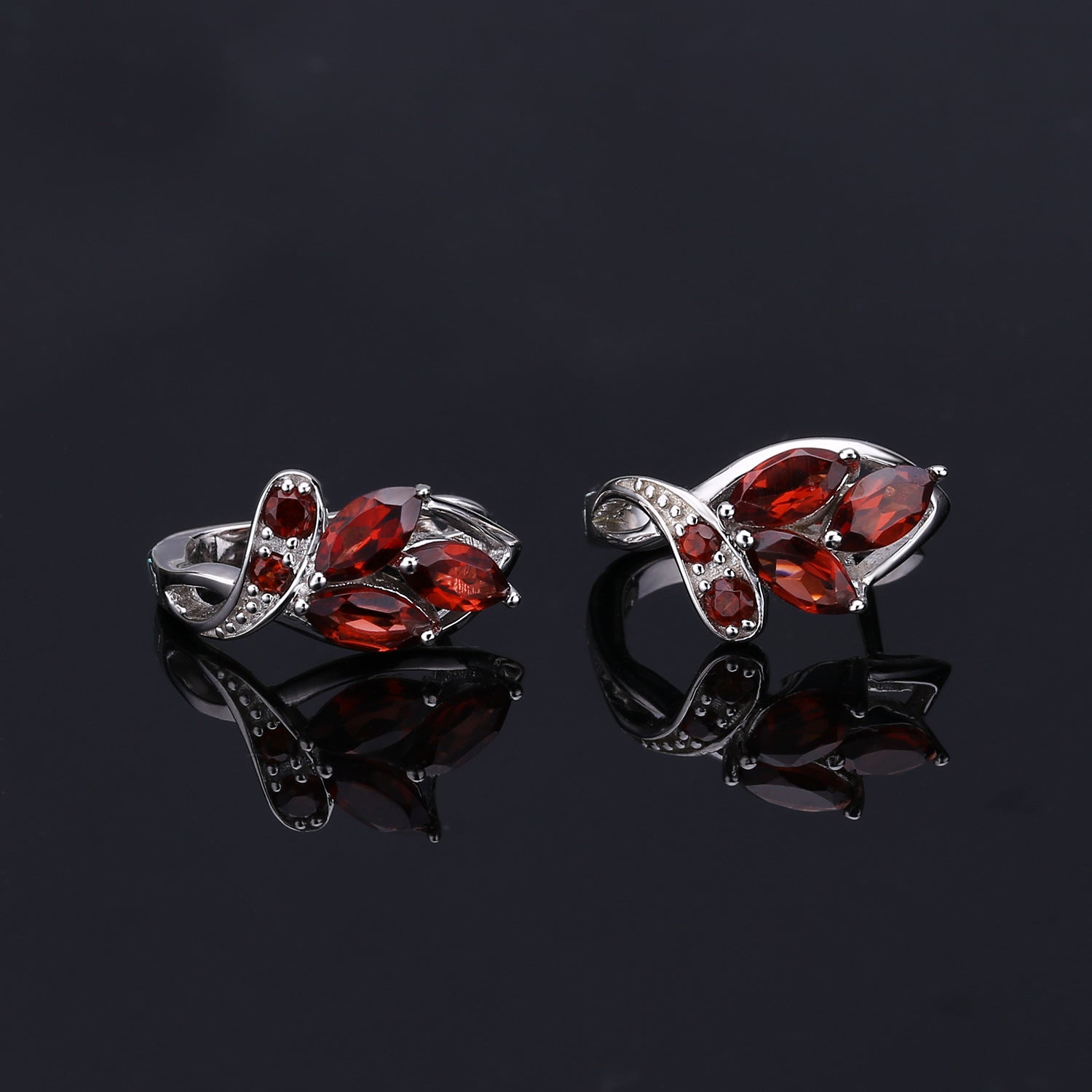 Natural Garnet Creative Flower Design Silver Studs Earrings for Women