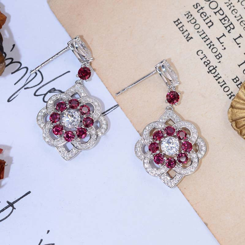 Lab-Created Ruby Flower Silver Drop Earrings