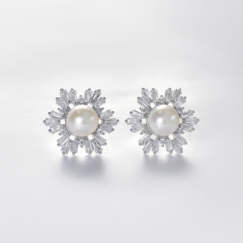 Snowfalke Pearl with Rectangle Zircon Silver Stud Earrings for Women