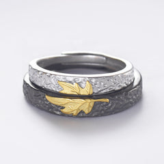 Gold Colour Maple Leaf Pleated Texture Silver Couple Ring for Women