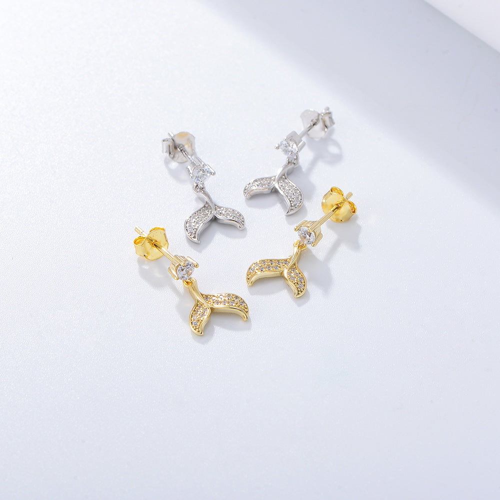 Zircon Mermaid Tail Silver Studs Earrings for Women
