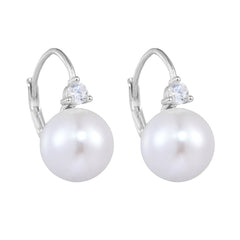 Round Pearl Small Zircon Sterling Silver Hoop Earrings