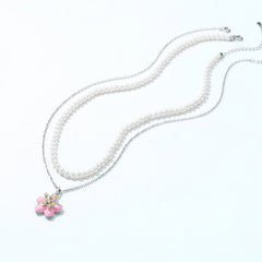 Pink Enamel Cherry Blossom Pearl Chain Double Layers Sterling Silver Necklace