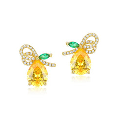 Pear Shape Yellow Crystal Fruit Pear Sterling Silver Stud Earrings