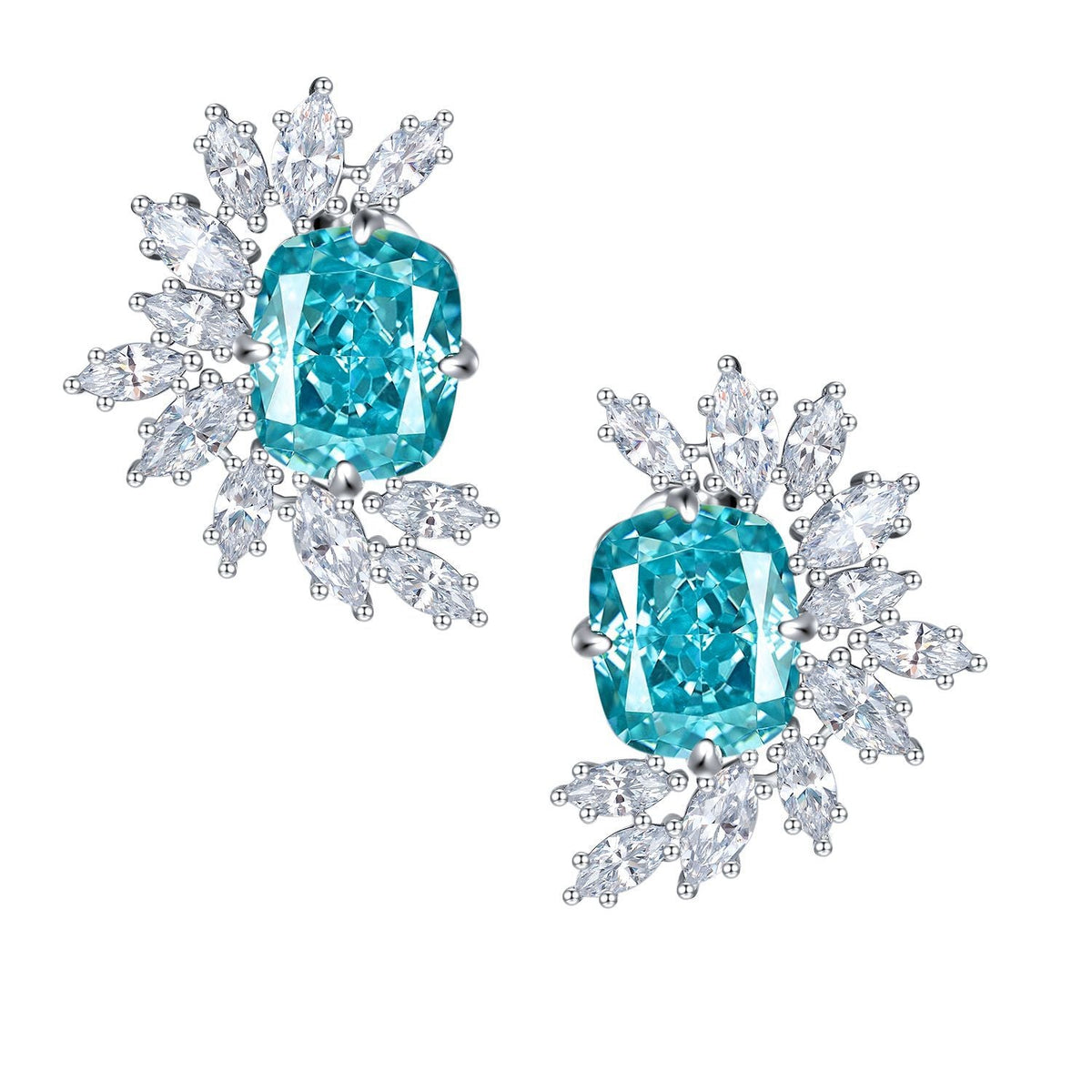 Blue Zircon 9*11mm Rectangle Ice Cut Half Annular Petals Silver Studs Earrings for Women