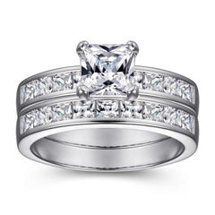 Princess Cut Zircon with Half Eternity Silver Ring Set