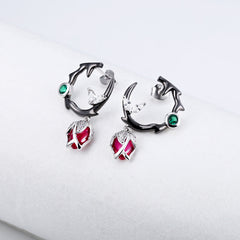 Thorn Rose Red Corundum with Zircon Silver Drop Earrings for Women