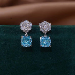 Square Sea Blue Zircon Camellia Drop Earrings