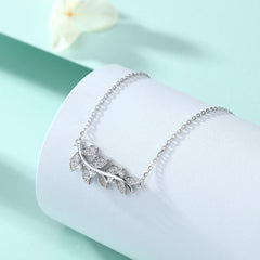 Zircon Wheat Ear Leaf Pendant Silver Necklace for Women