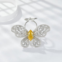 Yellow Zircon Marquise Ice Cut Active Butterfly Luxurious Silver Ring