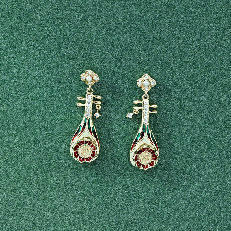 Pipa with Zircon and Pearl Enamel Silver Drop Earrings