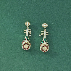 Pipa with Zircon and Pearl Enamel Silver Drop Earrings