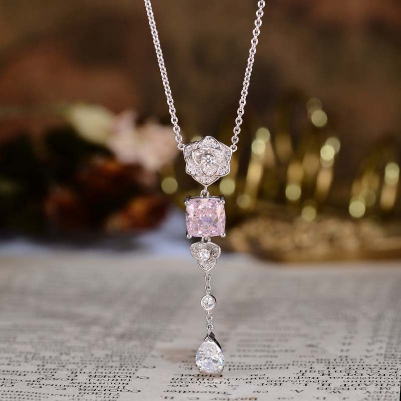 Square Pink Zircon Camellia Tassel Necklace