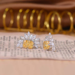 Yellow Zircon 9*11mm Rectangle Ice Cut Half Annular Petals Silver Studs Earrings for Women