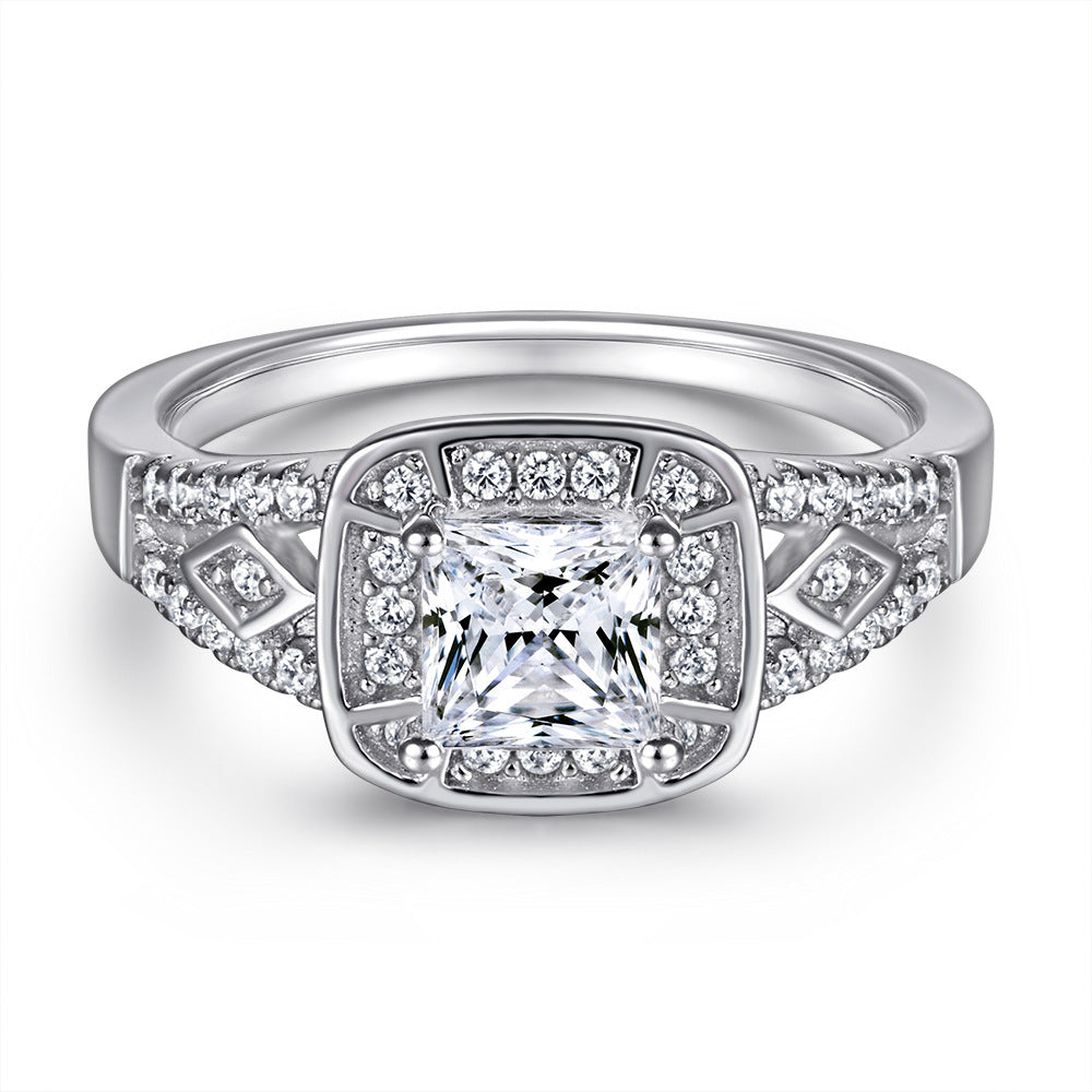 Princess Cut Zircon Soleste Halo Luxurious Silver Ring