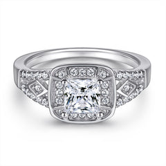 Princess Cut Zircon Soleste Halo Luxurious Silver Ring