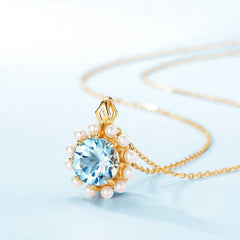 Round Sky Blue Topaz Pendant Pearl Sterling Silver Necklace