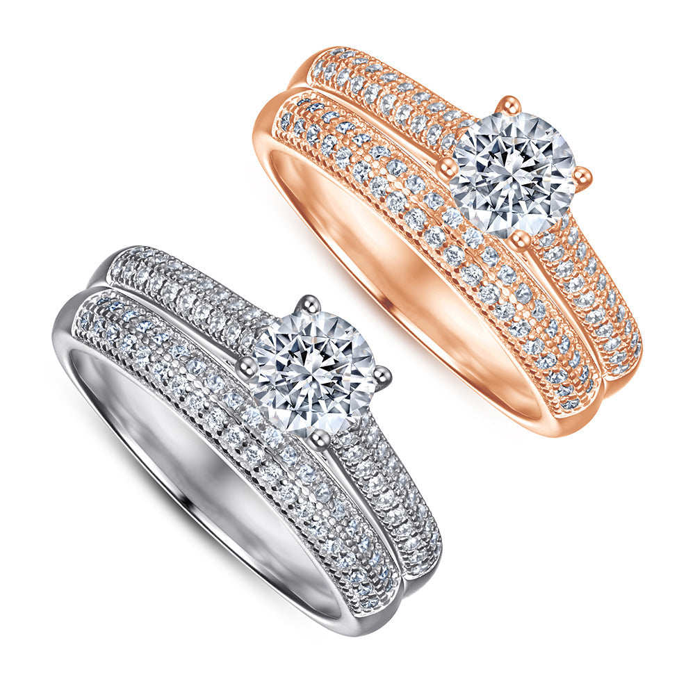 Round Zircon Four Prongs Cathedral Silver Ring Set