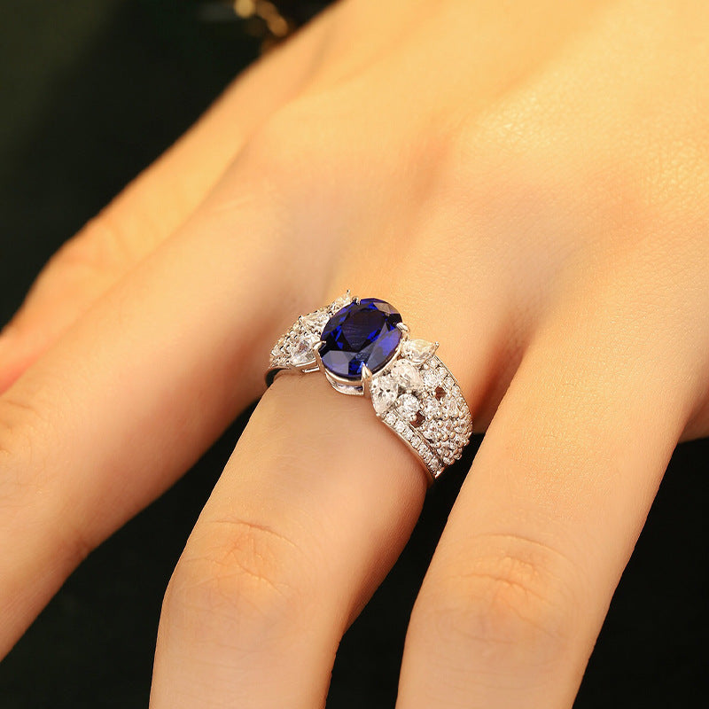 Lab-Created Sapphires Oval Ice Cut Cathedral Silver Ring for Women