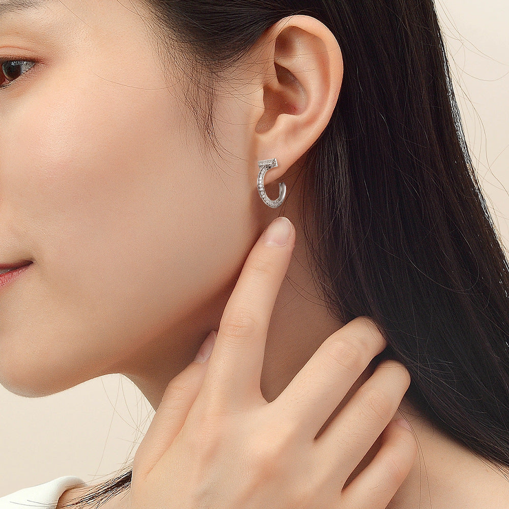 Zircon C-shaped Silver Studs Earrings for Women